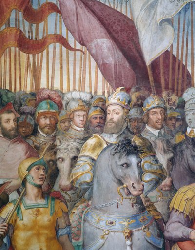 (Detail) Truppen von Kardinal Alessandro Farnese und Karl V. ziehen in den Krieg gegen die Lutheraner, in der Halle der Farnesina von Federico Zuccaro